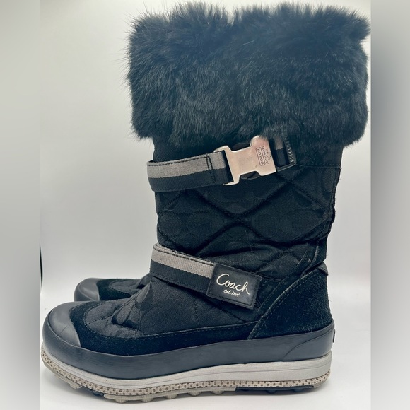Women’s Coach Mariette black logo boots with fur trim. Size 7 - Picture 1 of 13